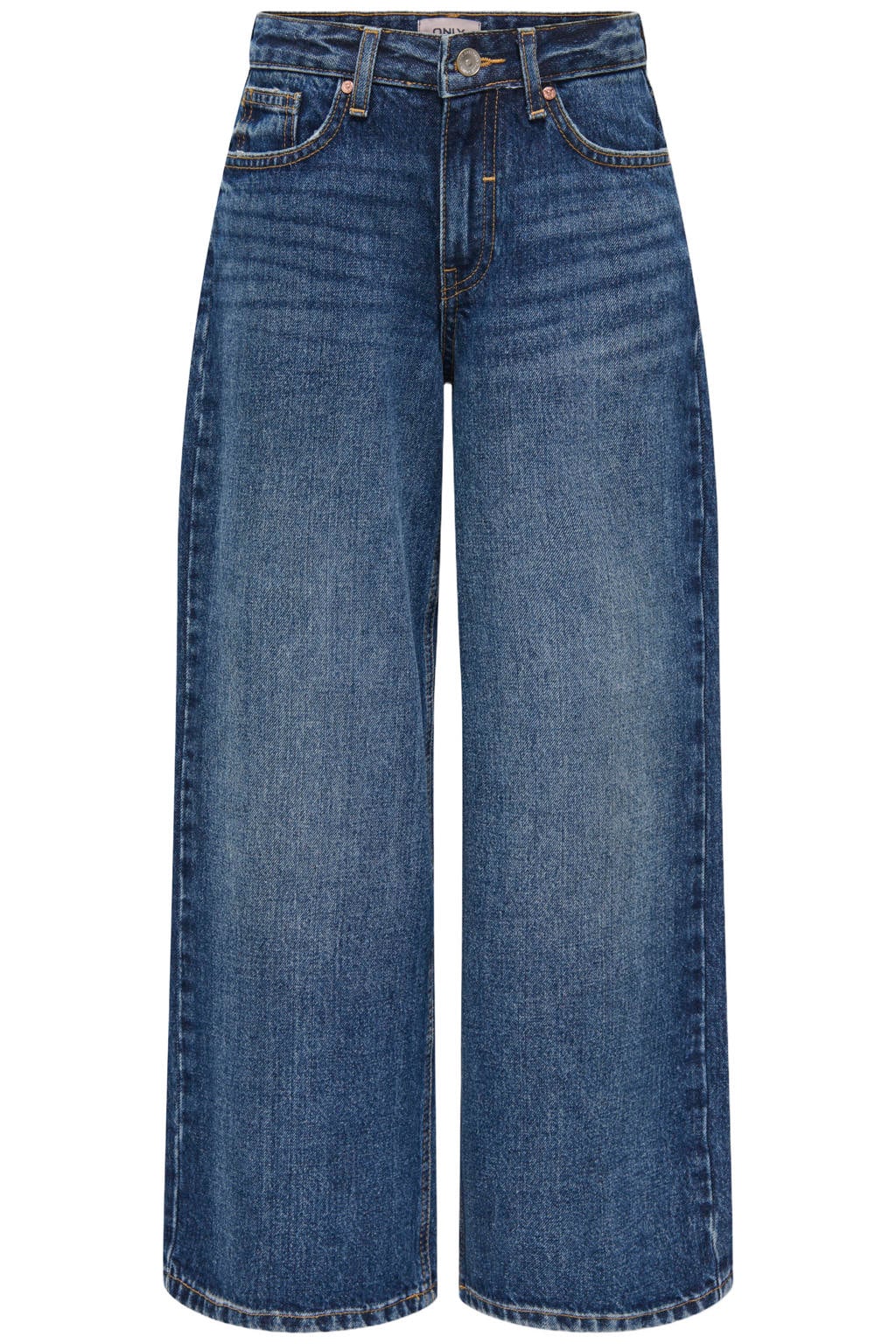 Medium blue denim meisjes KIDS ONLY GIRL regular waist wide leg jeans van denim met baggy, rits- en knoopsluiting en effen
