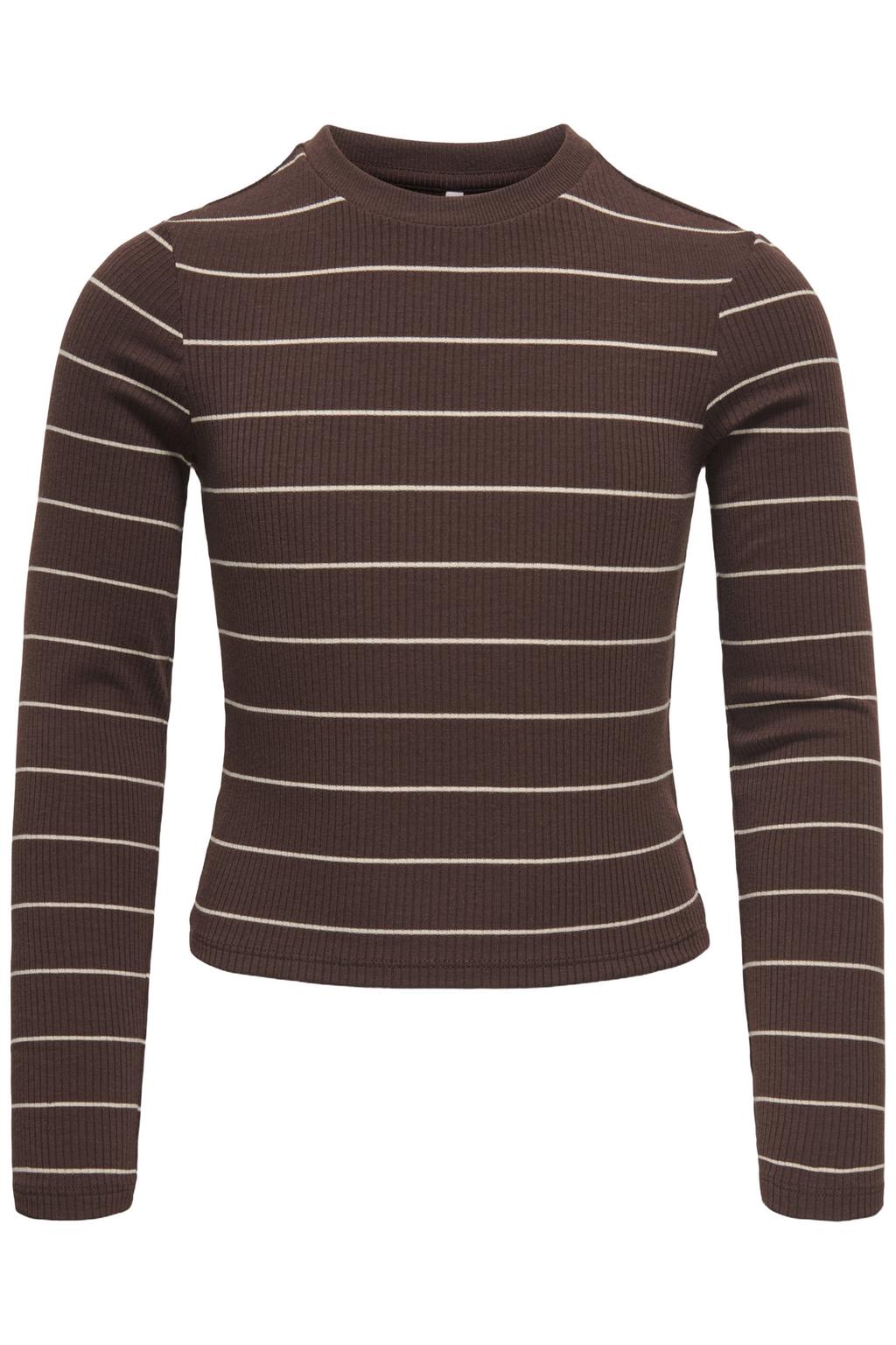 Bruin en ecru meisjes KIDS ONLY GIRL gestreepte longsleeve van polyester met lange mouwen, ronde hals en rib gebreide details