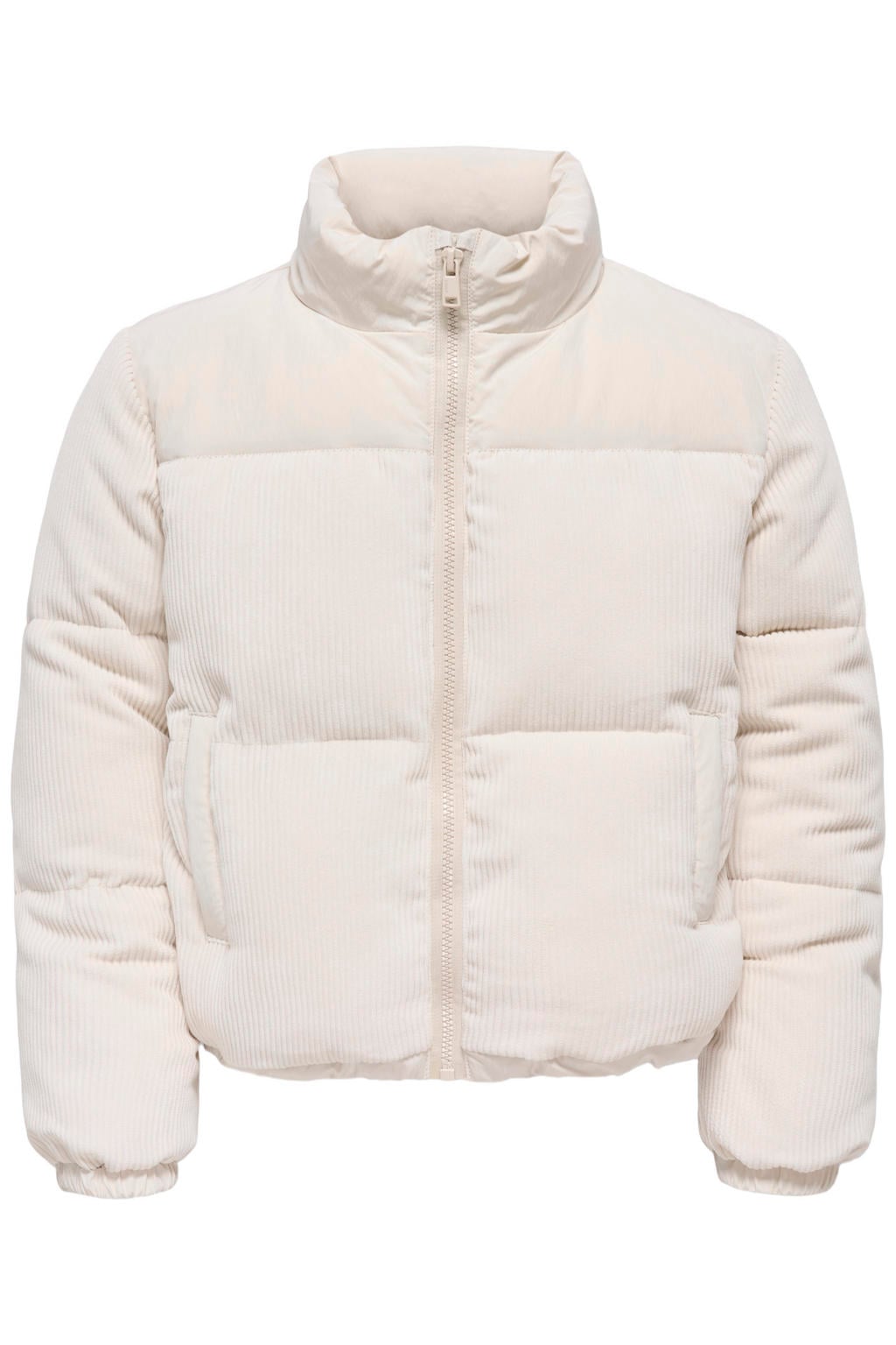 Ecru meisjes KIDS ONLY GIRL corduroy gewatteerde winterjas met effen, lange mouwen, opstaande kraag en ritssluiting