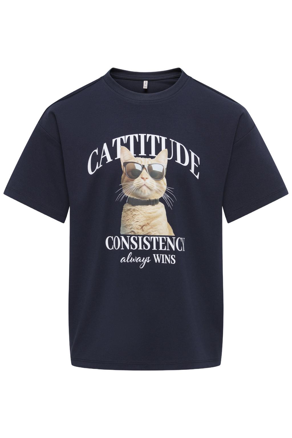 Donkerblauwe meisjes KIDS ONLY GIRL rechtvallend gebreide T-shirt van polyester met printopdruk, korte mouwen en ronde hals
