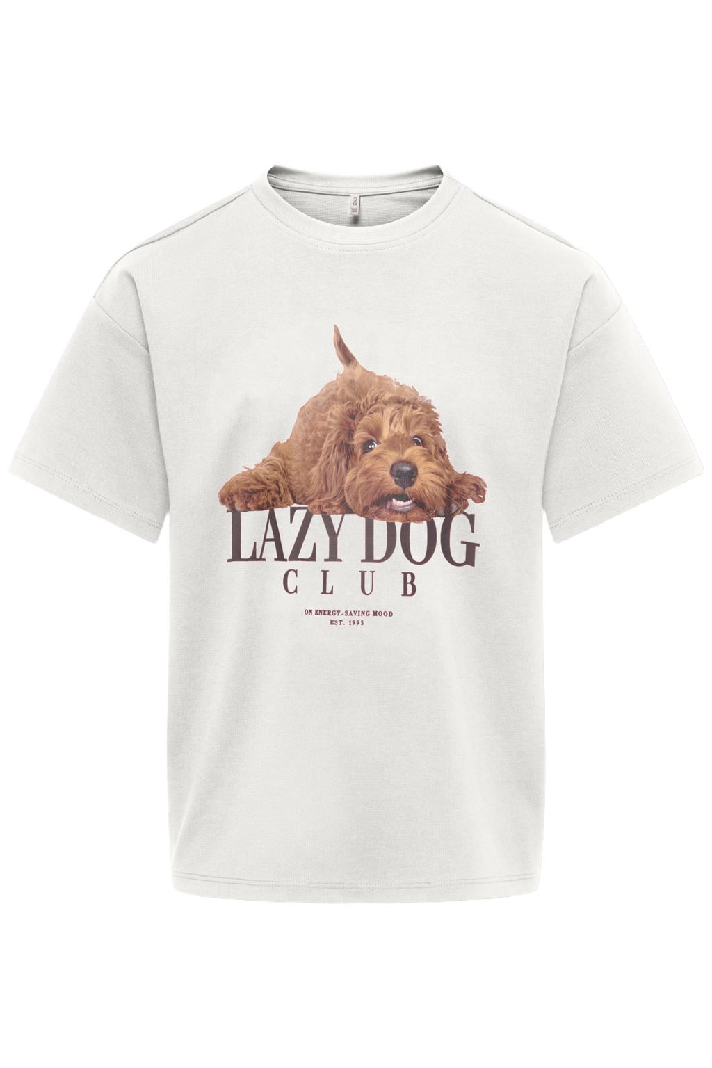 Witte meisjes KIDS ONLY GIRL rechtvallend gebreide T-shirt van polyester met printopdruk, korte mouwen en ronde hals