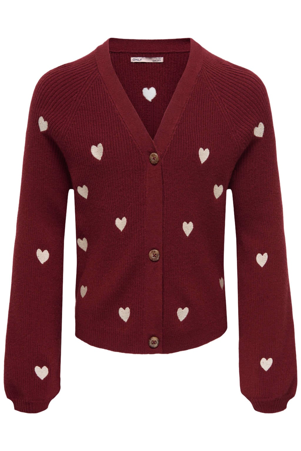 Donkerrood en ecru meisjes KIDS ONLY GIRL gebreide vest en borduursels met lange mouwen, V-hals en knoopsluiting