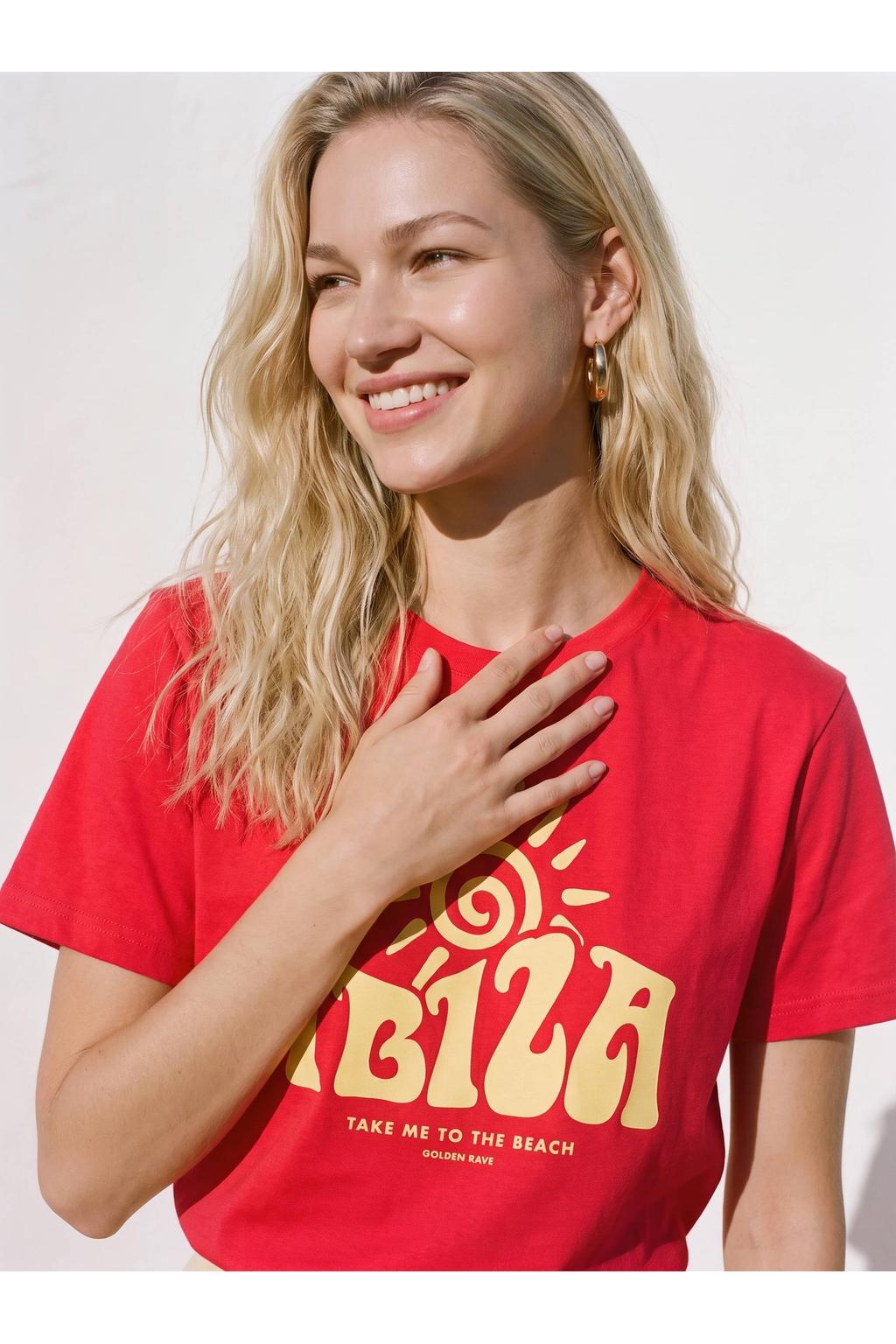 Rood en gele dames VERO MODA regular fit T-shirt van katoen met tekst print, korte mouwen en ronde hals