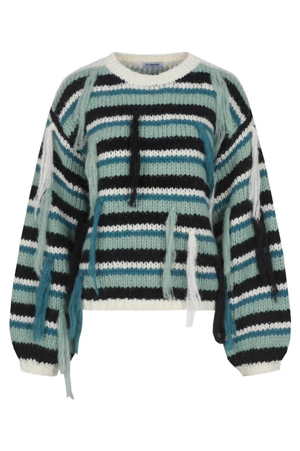 FLURESK gestreepte gebreide trui met franjes en wol - blauw/multi