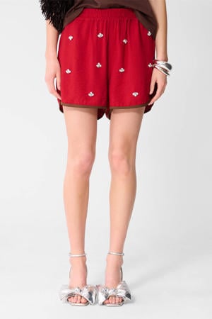 viscose straight leg korte broek met strass-steentjes - rood