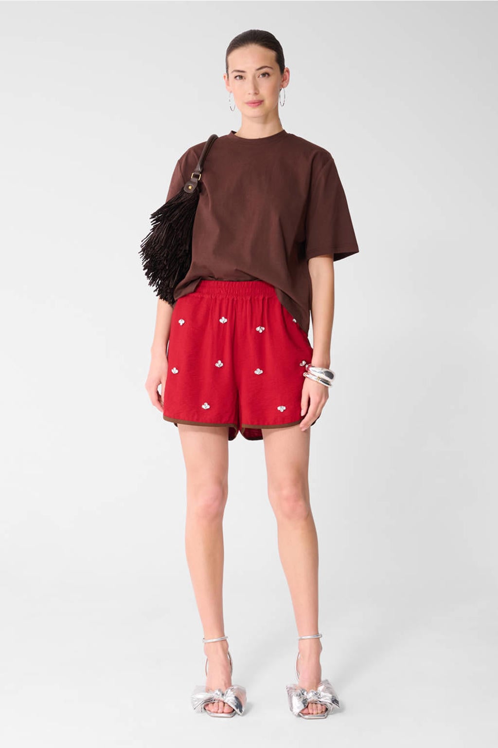 Shoeby viscose straight leg korte broek met strass-steentjes - rood