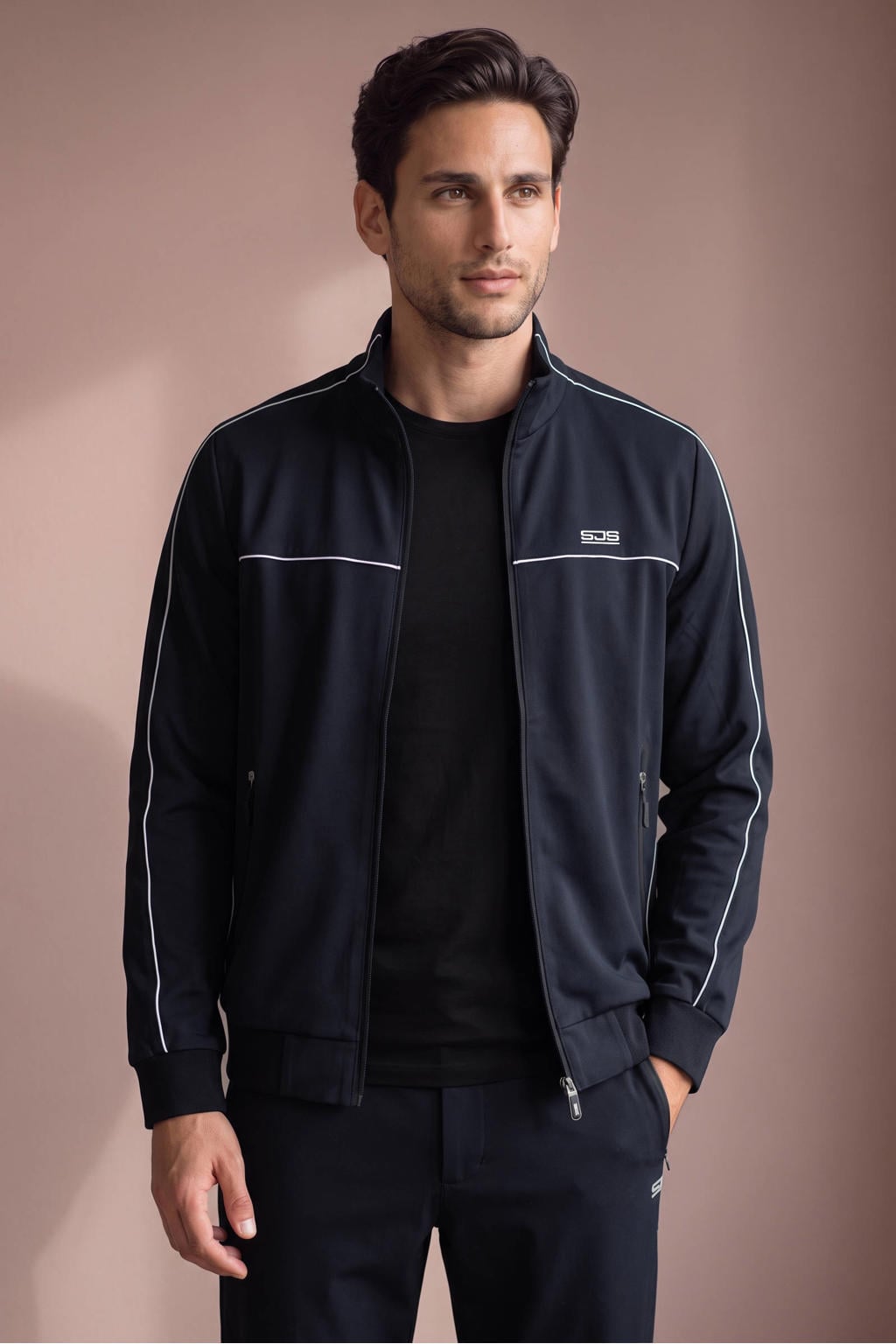 Donkerblauwe heren Sjeng Sports Anselm trainingsjack van polyester met lange mouwen, opstaande kraag en ritssluiting