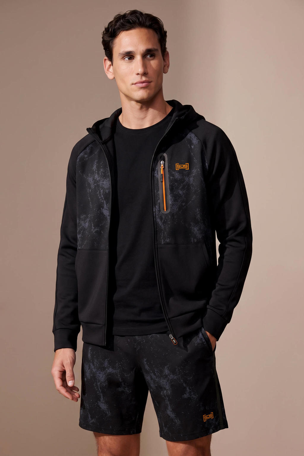 Zwarte heren Sjeng Sports Mike trainingsjack van polyester met lange mouwen en capuchon