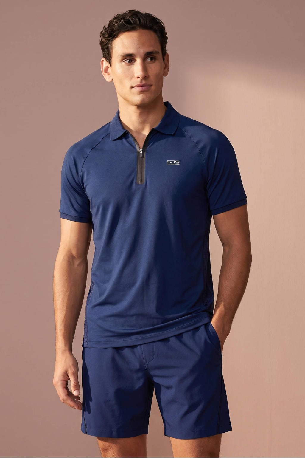 Blauwe heren Sjeng Sports Chet sportpolo van polyester met effen, korte mouwen, klassieke kraag en ritssluiting