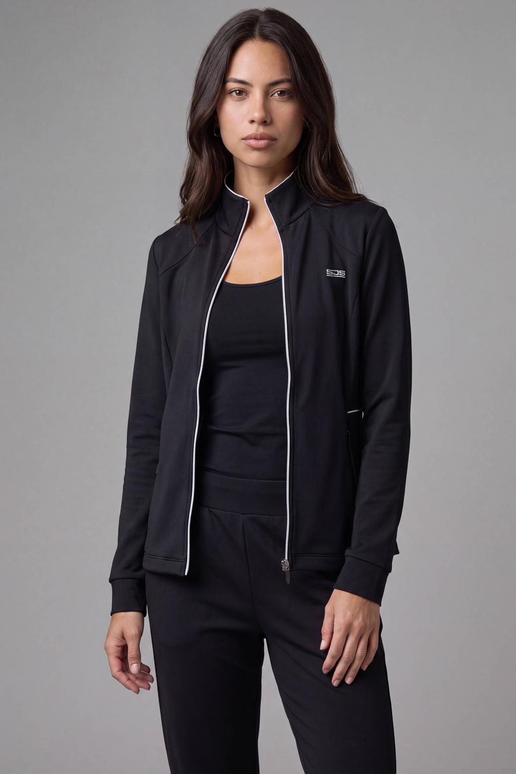 Zwarte dames Sjeng Sports Fridoline trainingsjack van polyester met effen, lange mouwen en opstaande kraag