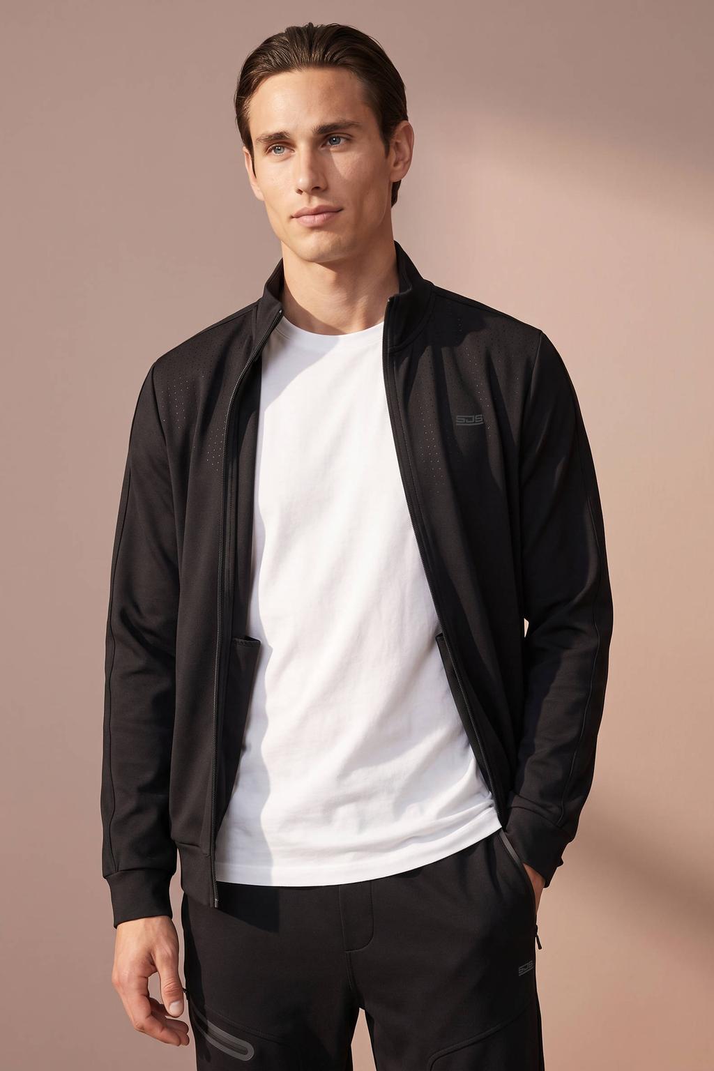 Zwarte heren Sjeng Sports Maurice trainingsjack van polyester met effen, lange mouwen en opstaande kraag