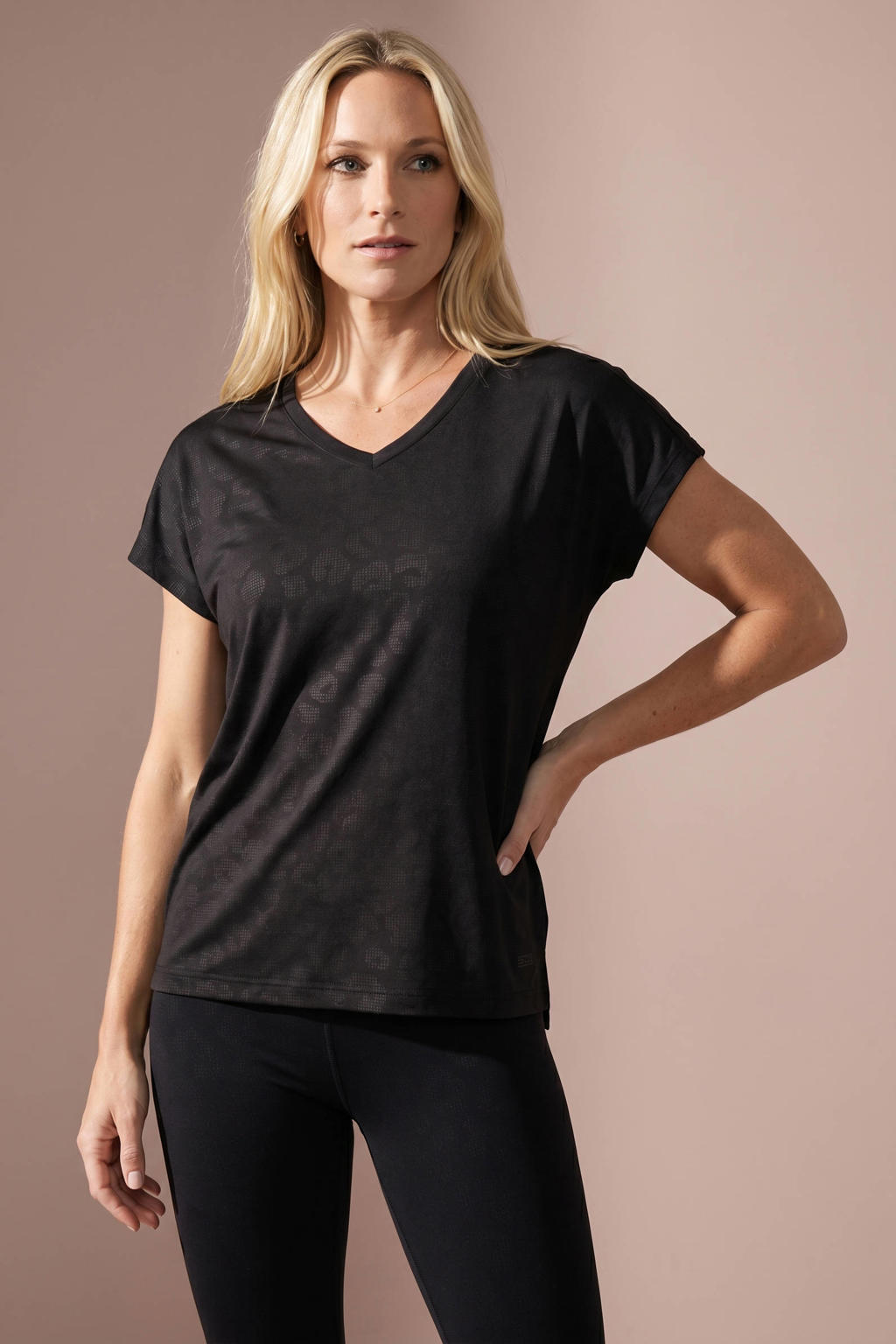 Zwarte dames Sjeng Sports Spice T-shirt van polyester met korte mouwen en V-hals