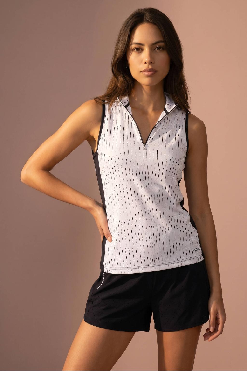 Wit en zwarte dames Sjeng Sports Janis sporttop van polyester met grafische print, opstaande kraag en knoopsluiting