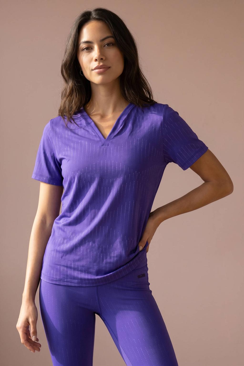 Paarse dames Sjeng Sports Istria T-shirt van polyester met effen, korte mouwen en V-hals