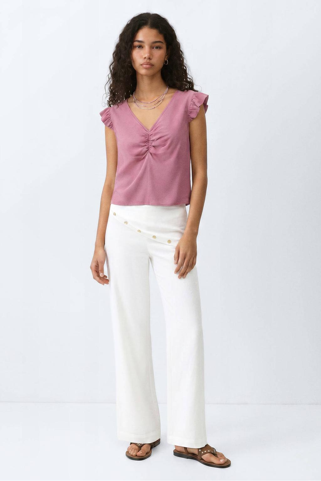 Oudroze meisjes MANGO TEEN blousetop van viscose met effen, korte mouwen, V-hals en ruches