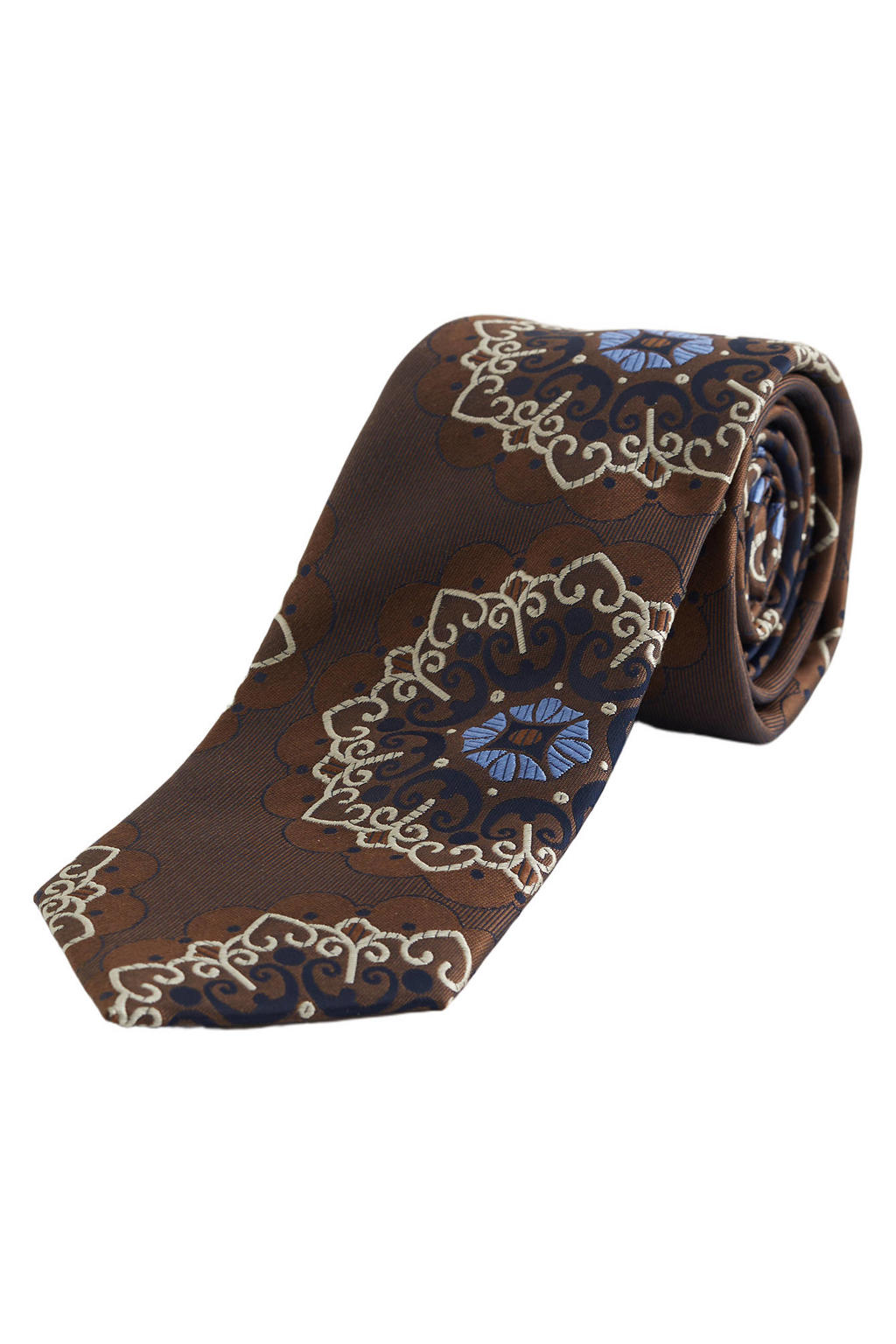 WE Fashion zijden stropdas met print - donkerbruin