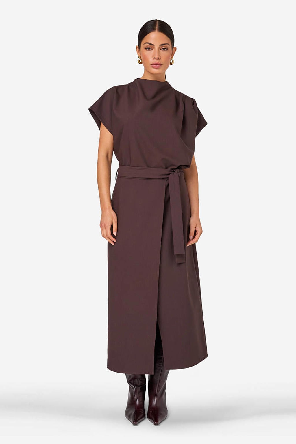 IBANA midi jurk met ceintuur - bruin
