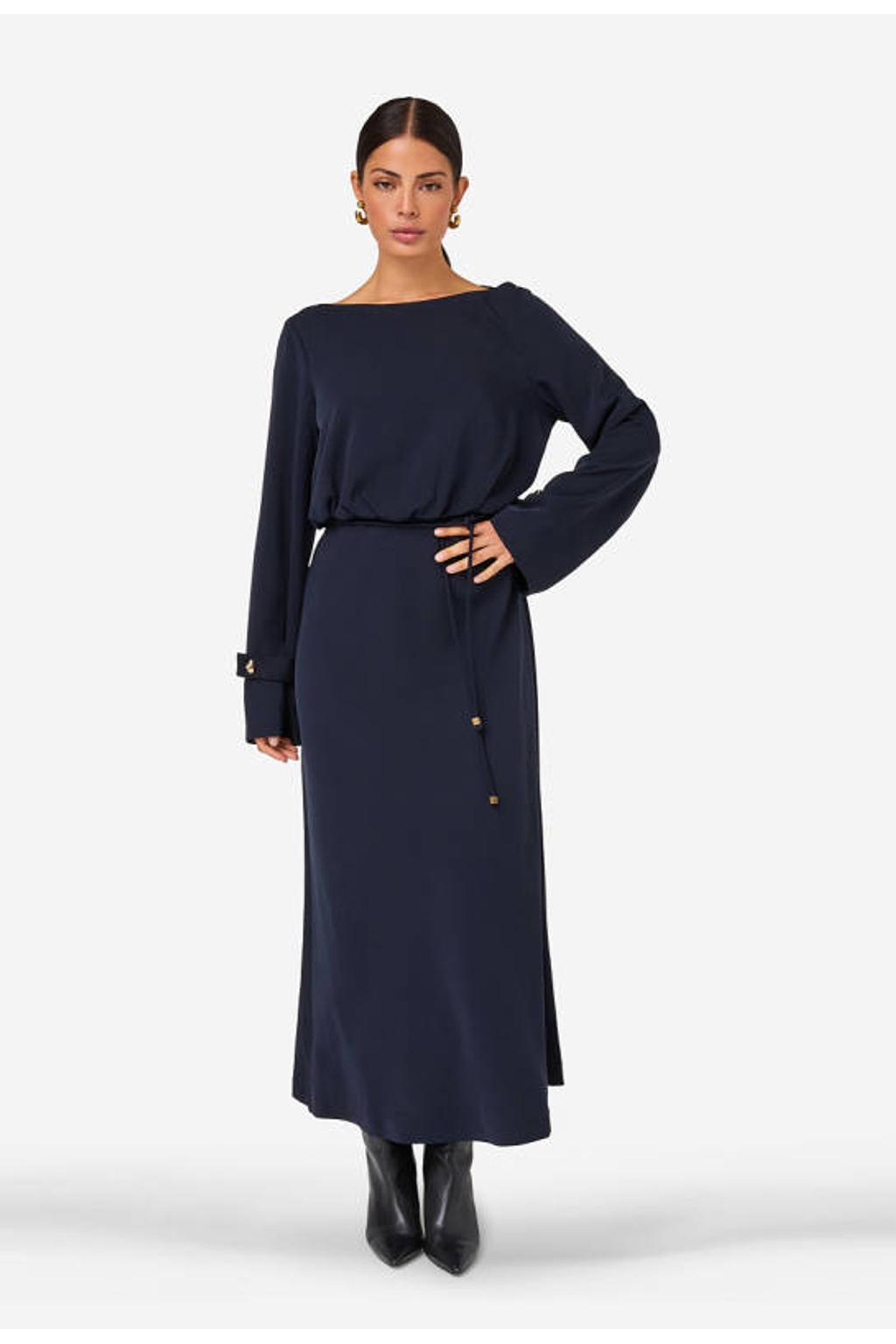 Blauwe dames IBANA midi jurk van polyester met effen, lange mouwen, boothals en knoopsluiting