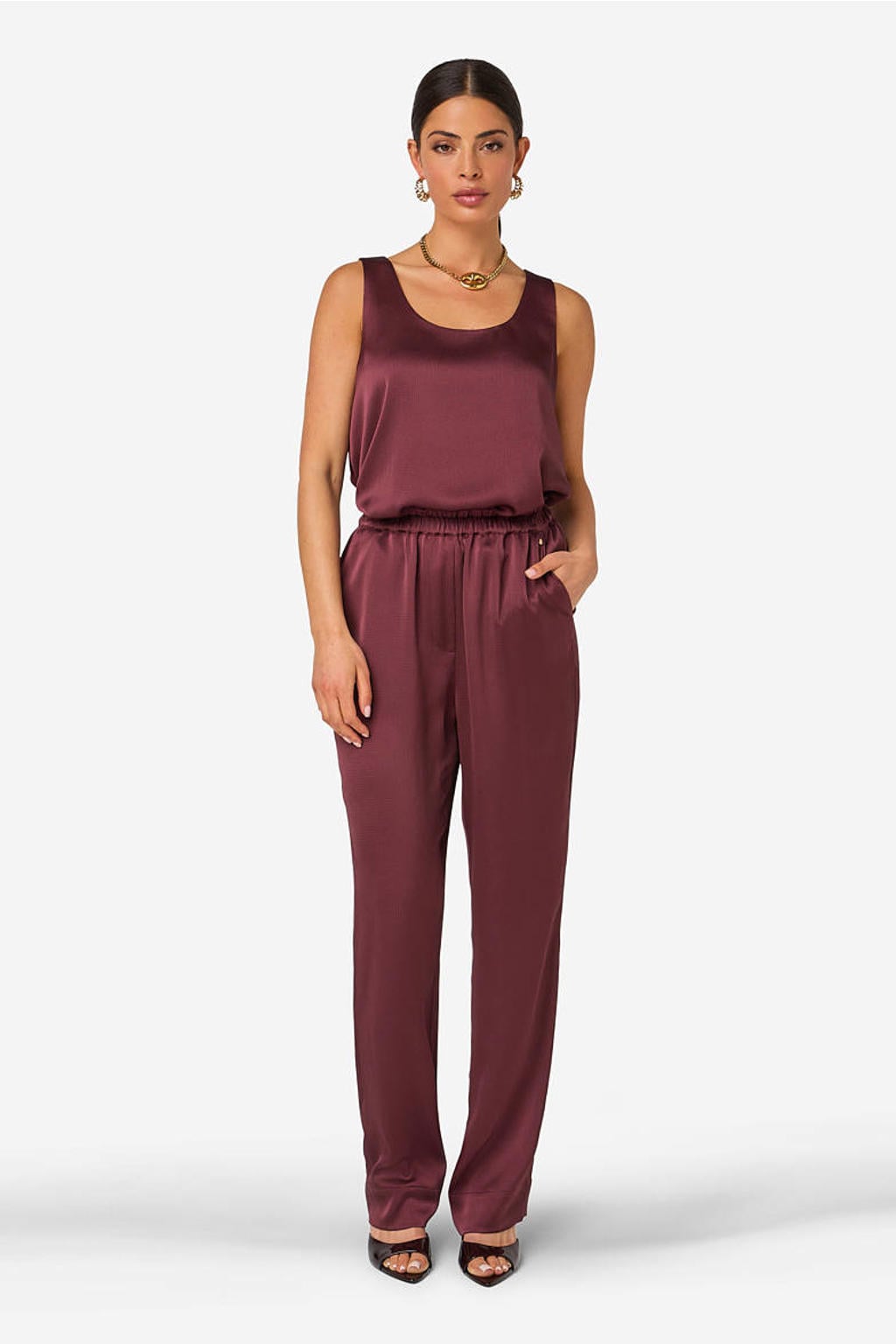 Donkerrode dames IBANA loose fit broek van polyester met high waist, elastische tailleband en effen
