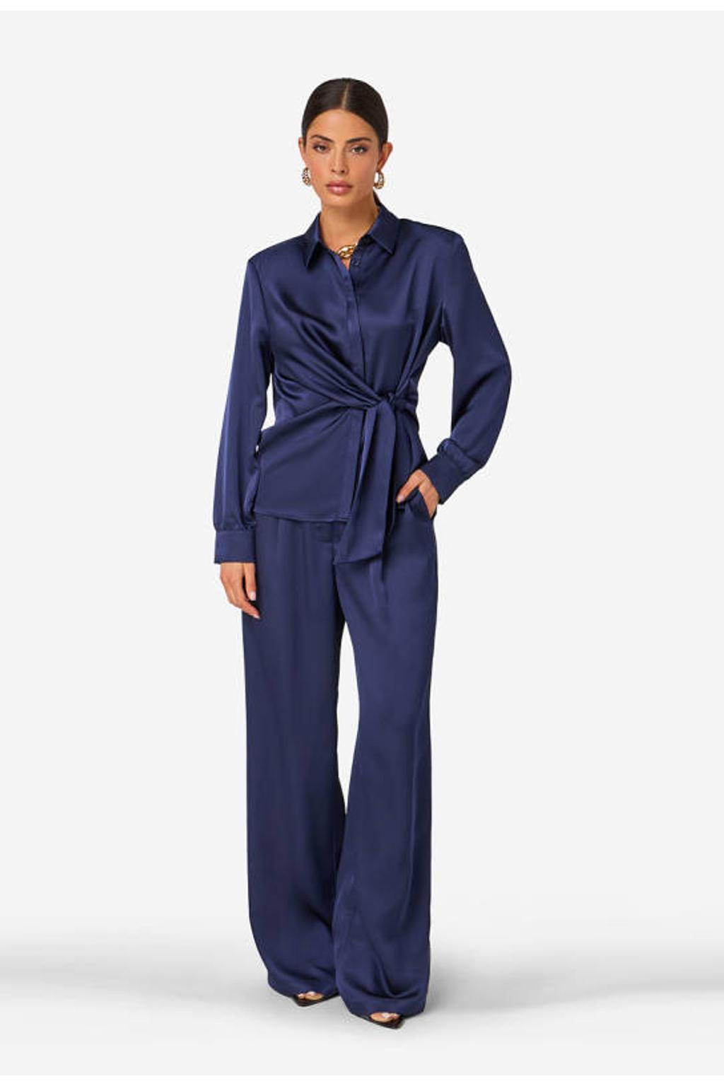 Blauwe dames IBANA blouse van polyester met effen, lange mouwen, klassieke kraag, knoopsluiting en strikje