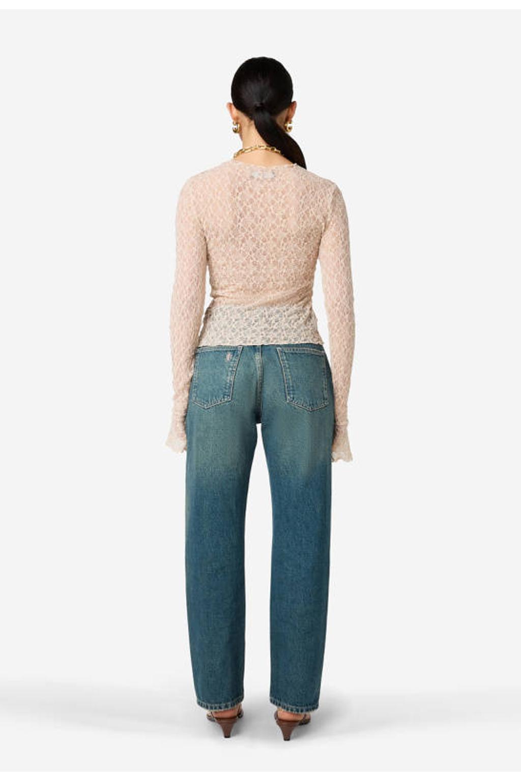 Beige dames IBANA kanten top met effen, lange mouwen en ronde hals