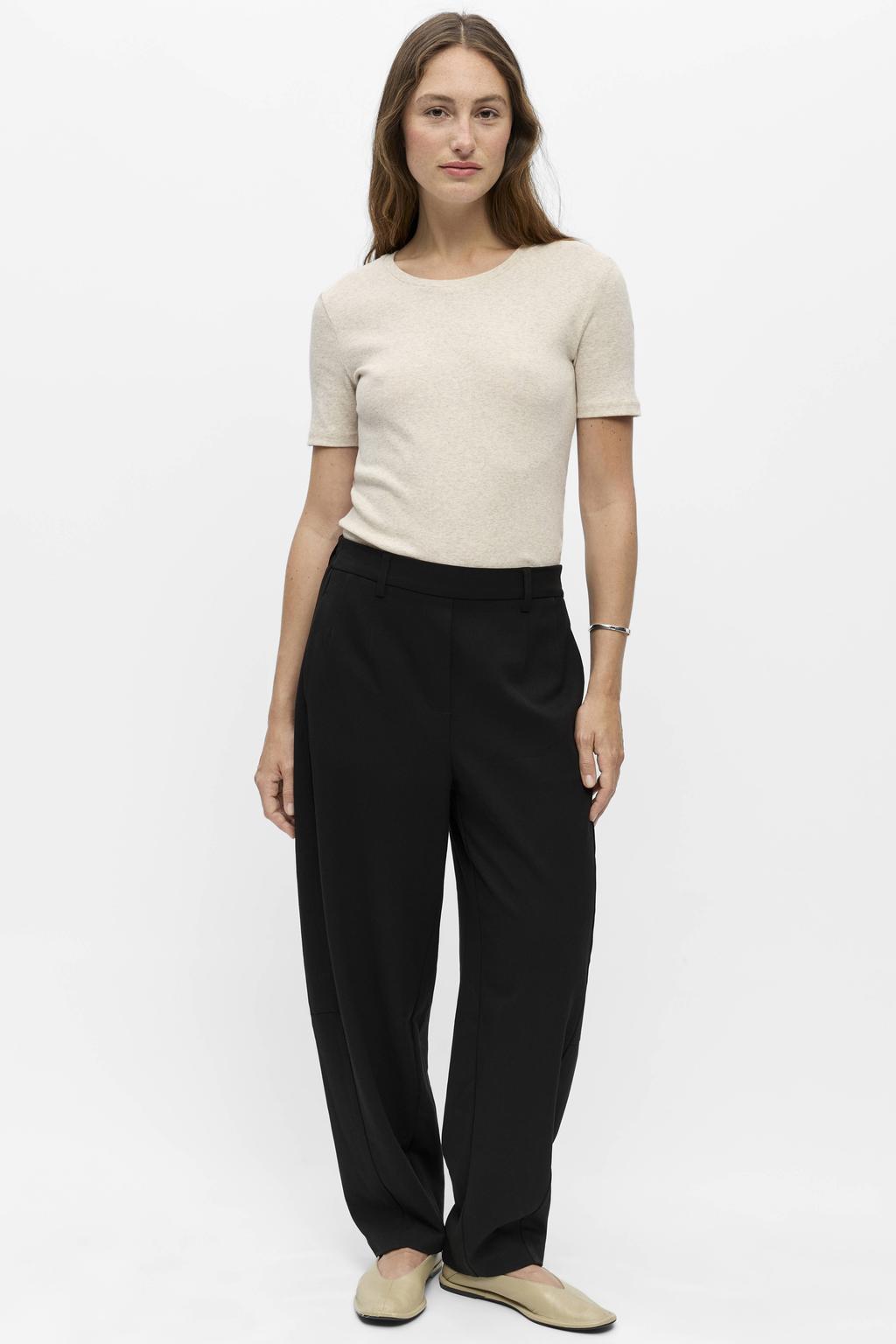 Zwarte dames OBJECT barrel casual broek van polyester met regular waist, elastische tailleband en effen