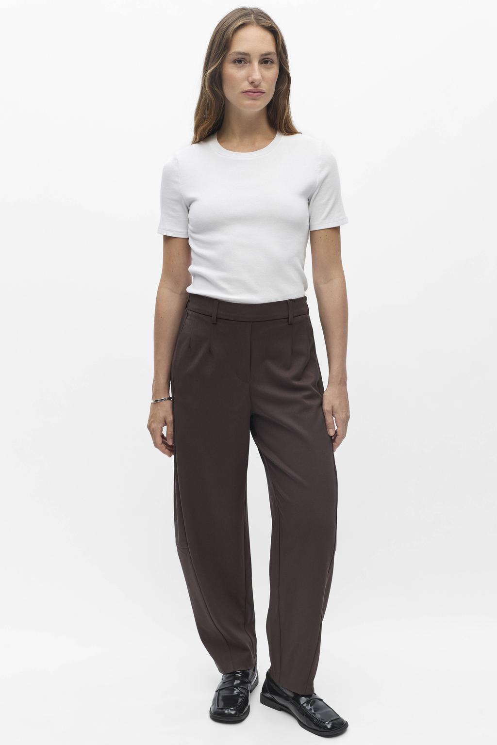 Bruine dames OBJECT barrel casual broek van polyester met regular waist, elastische tailleband en effen