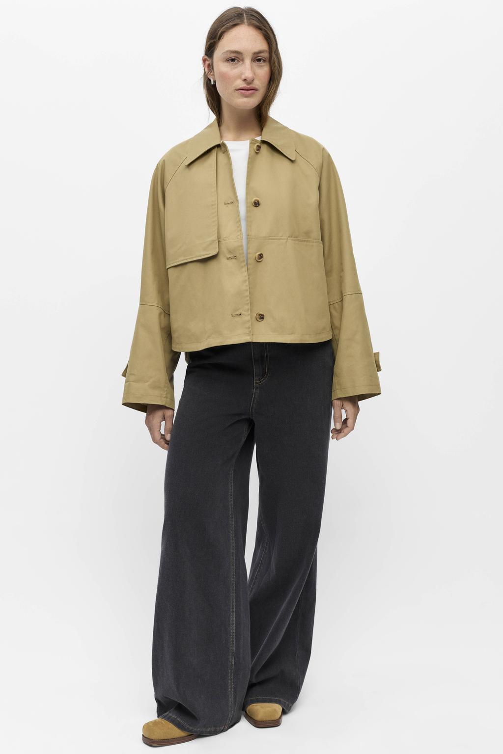 Beige dames OBJECT jas van katoen met effen, lange mouwen en widespread hals