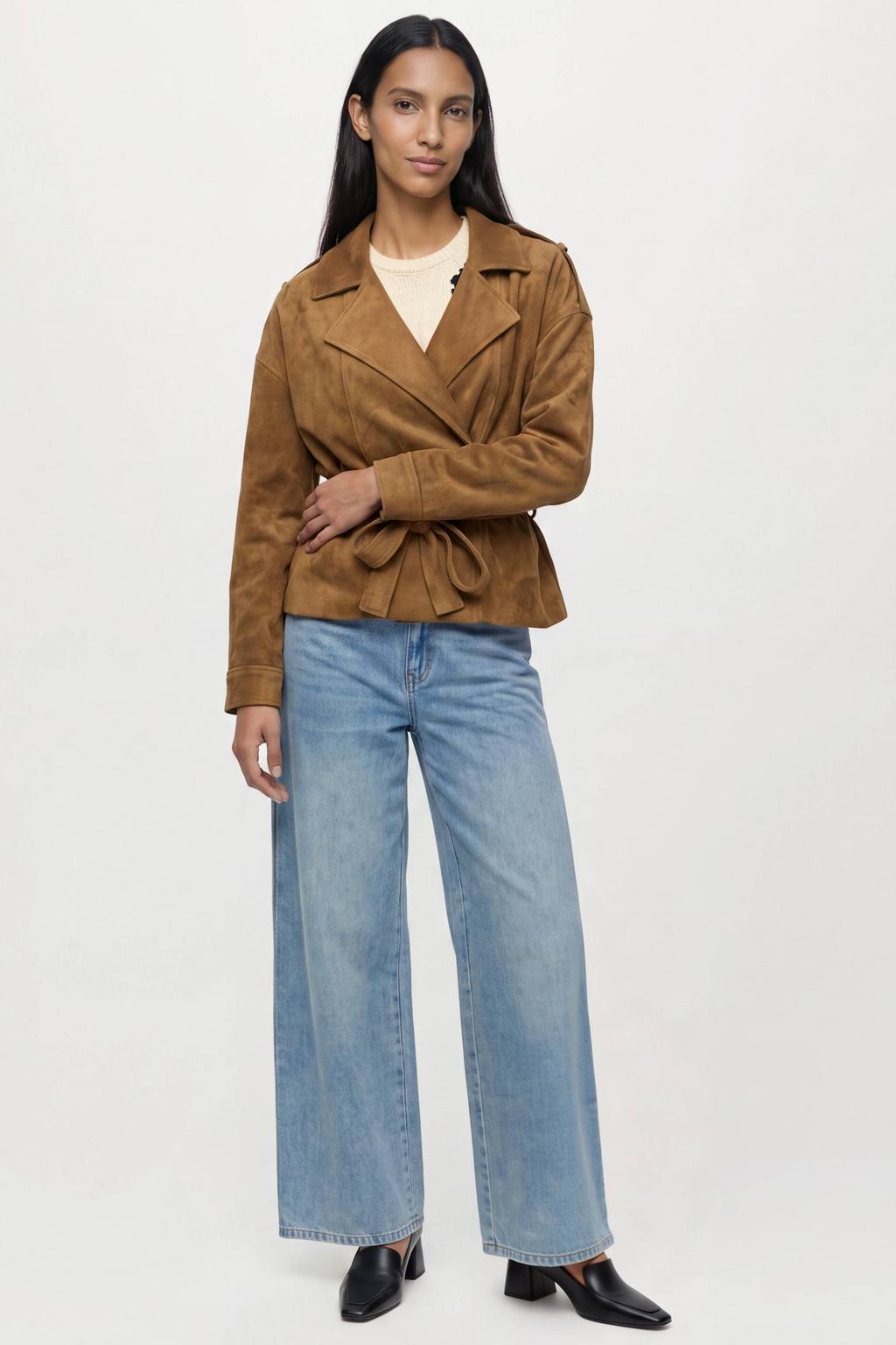 Bruine dames OBJECT jas van polyester met effen, lange mouwen, reverskraag, knoopsluiting en ceintuur
