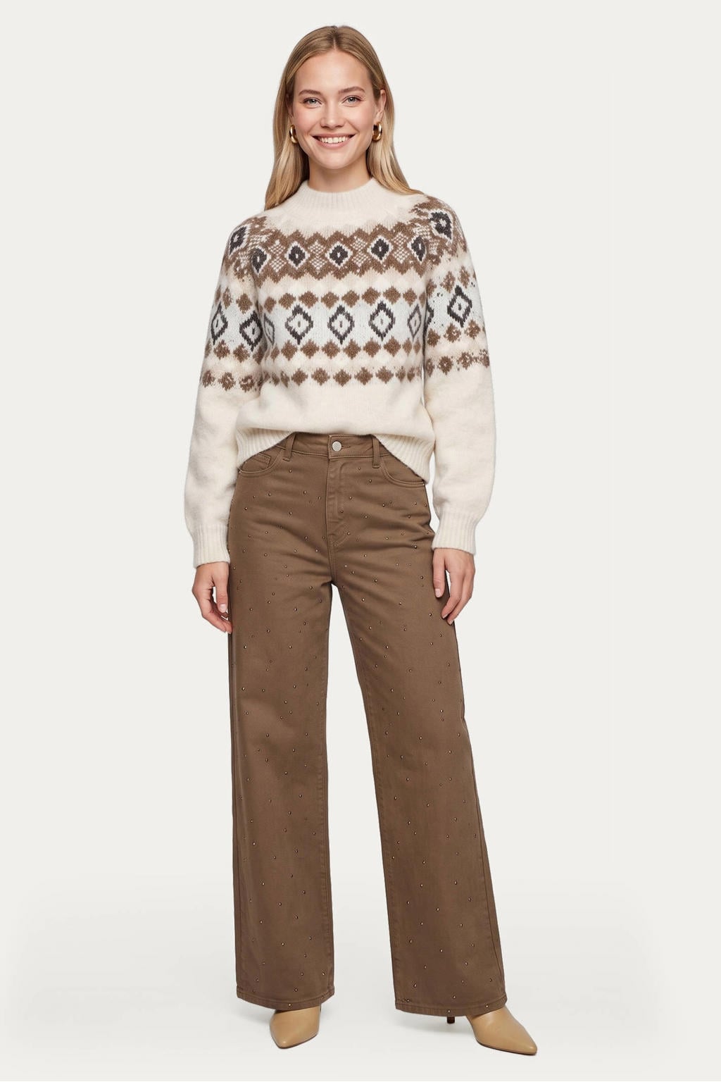 CS the Label wide leg broek met strass-steentjes - bruin