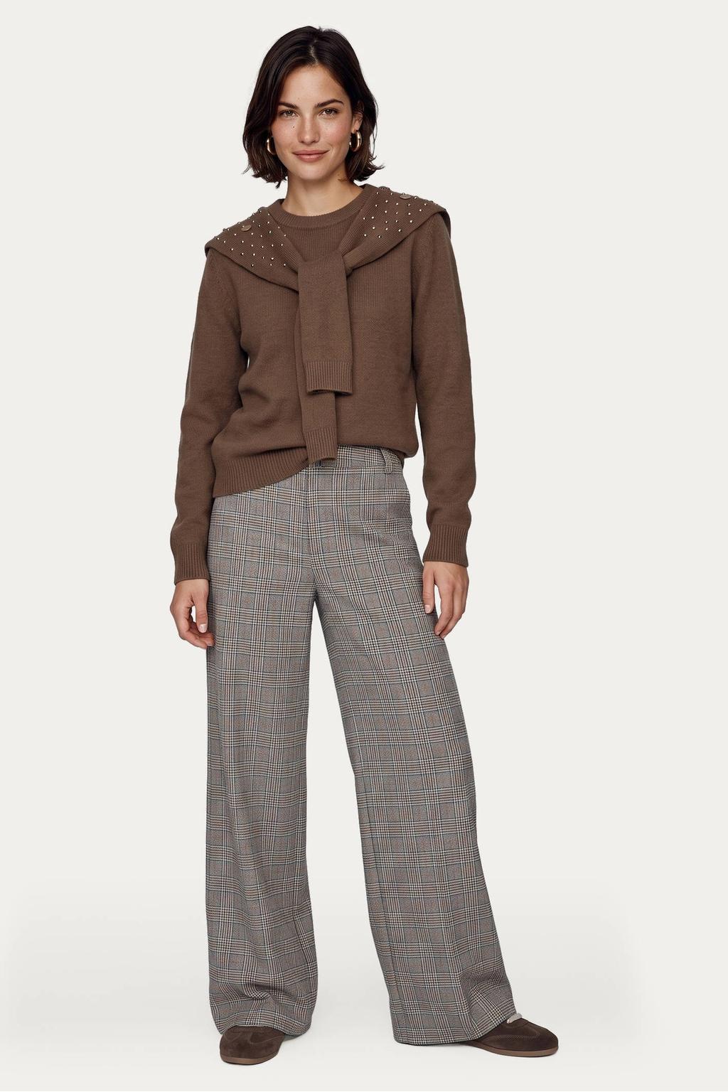Bruine dames CS the Label pullover van acryl met effen, lange mouwen en ronde hals