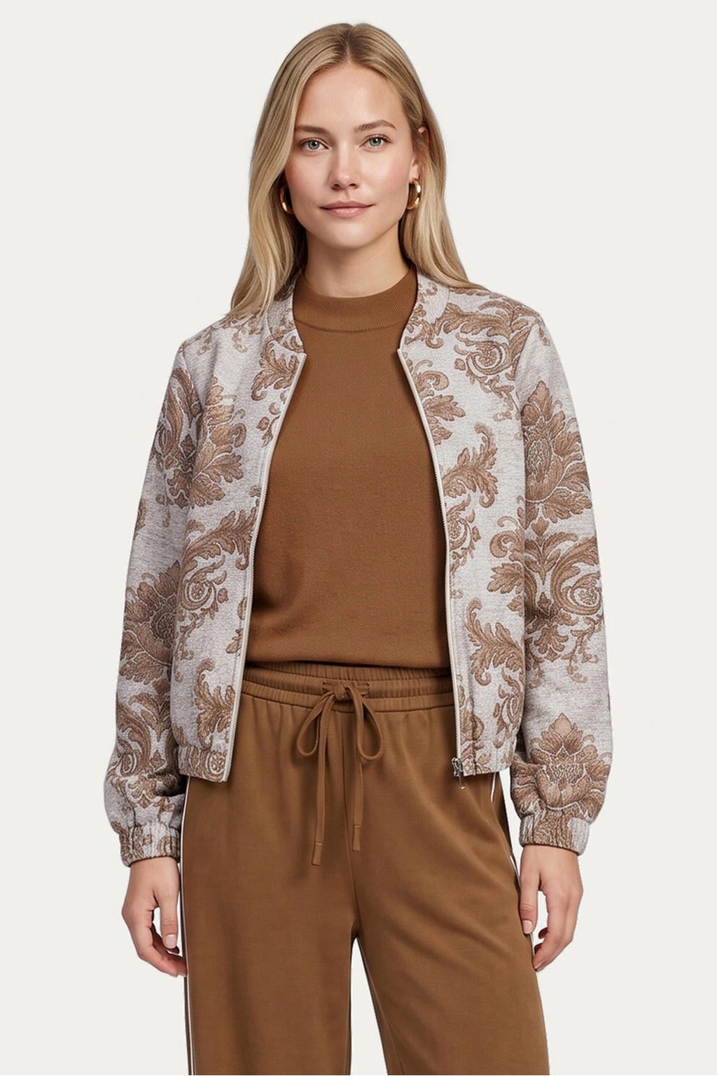 Lichtgrijs en bruine dames CS the Label bomberjack en print met lange mouwen, opstaande kraag en borduursels