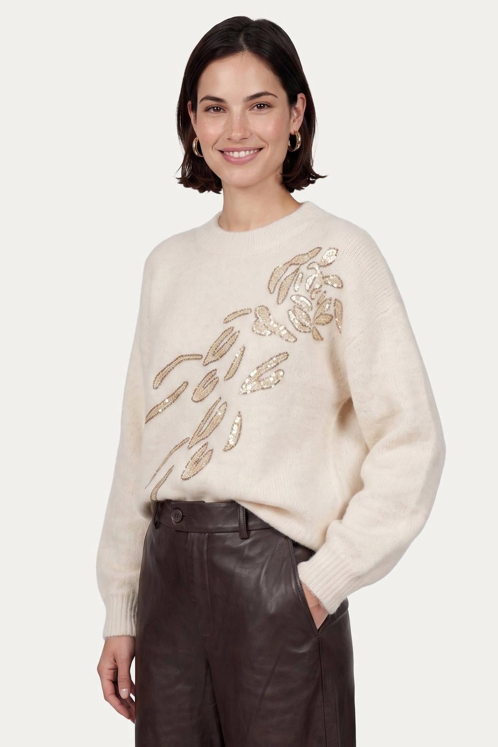 Ecru dames CS the Label met effen, lange mouwen en ronde hals