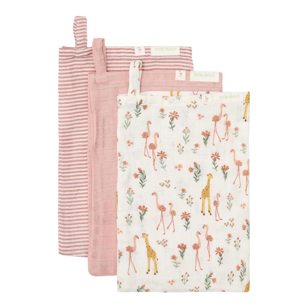 Little Dutch washandjes set van 3 - Roze - Blooming Safari