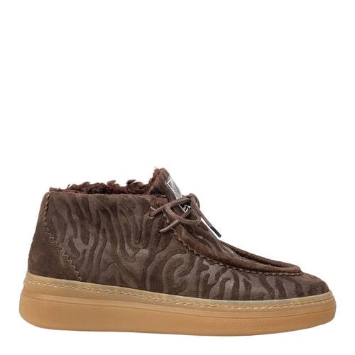 Floris van Bommel suède veterboots met dierenprint donkerbruin