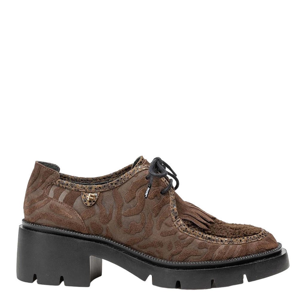 Donkerblauwe dames Floris van Bommel Maddi 03.01 suède veterschoenen met blokhak, profielzool en franjes -