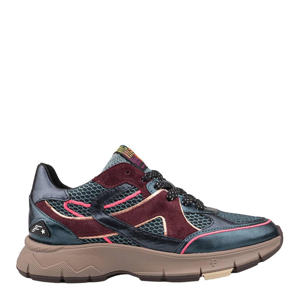 Blauw en groene dames Floris van Bommel Daysi 09 leren sneakers met plateauzool -