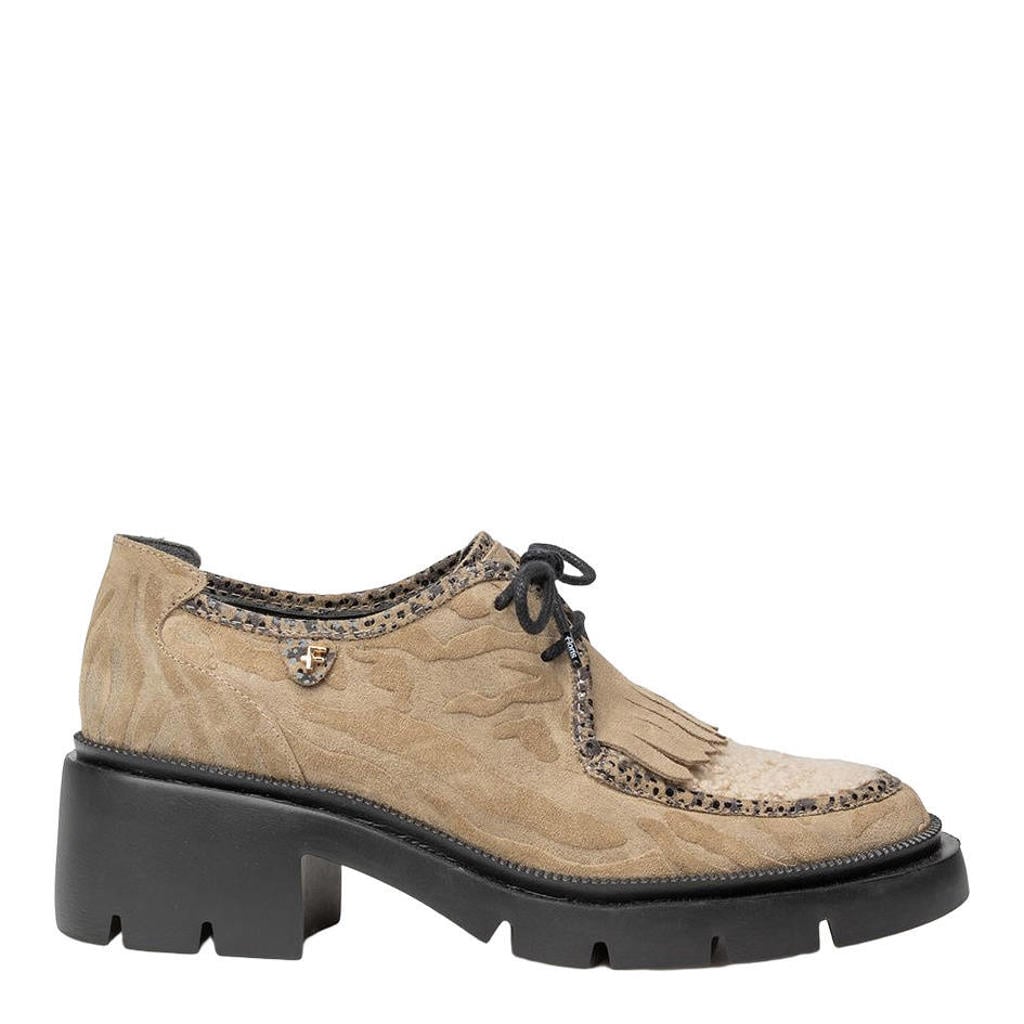 Taupe dames Floris van Bommel Maddi 03.00 suède veterschoenen met blokhak en profielzool -