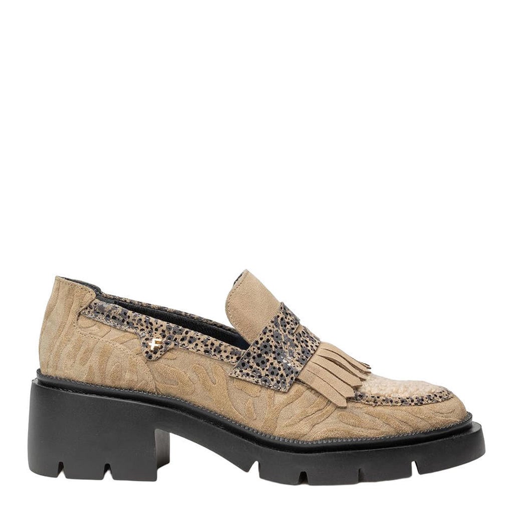 Taupe dames Floris van Bommel suède loafers met blokhak en profielzool -