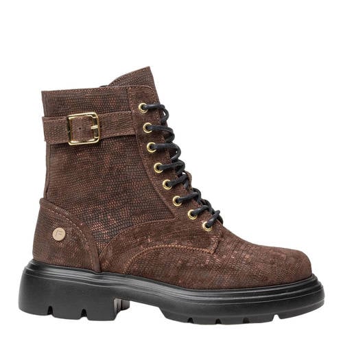 Floris van Bommel Bayli 02.00 suède veterboots met profielzool en panterprint donkerbruin – DarkBrown