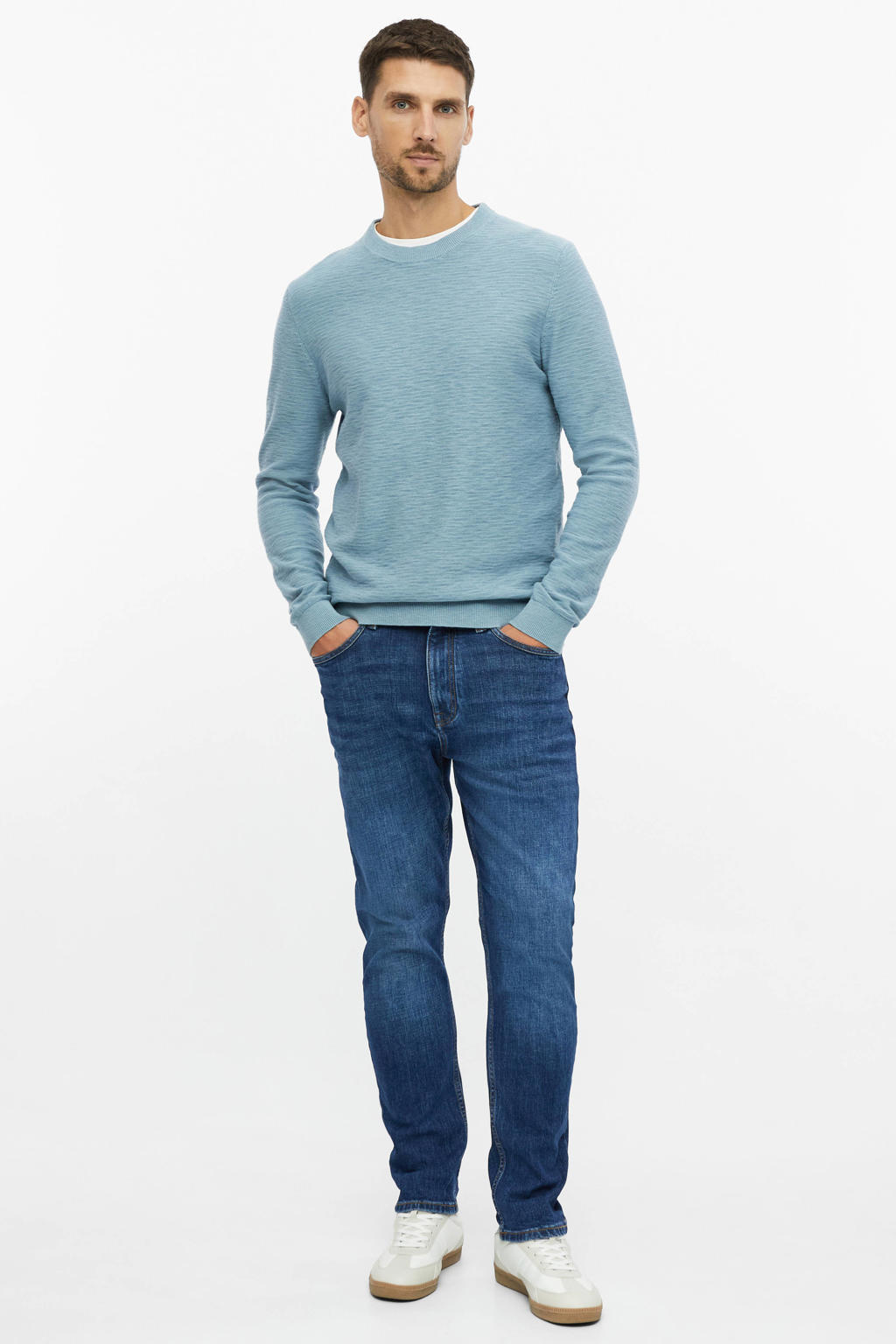 Blauwe heren s.Oliver katoenen relaxed fit gebreide trui met lange mouwen en ronde hals