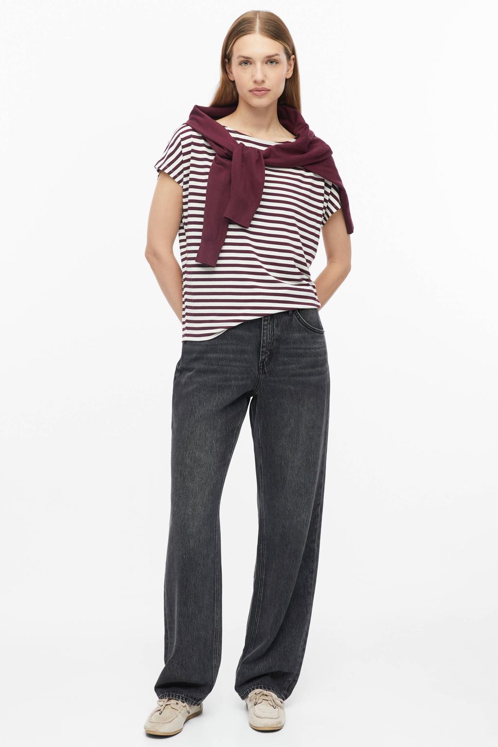 Paars en witte dames s.Oliver gestreepte top van viscose met korte mouwen en ronde hals