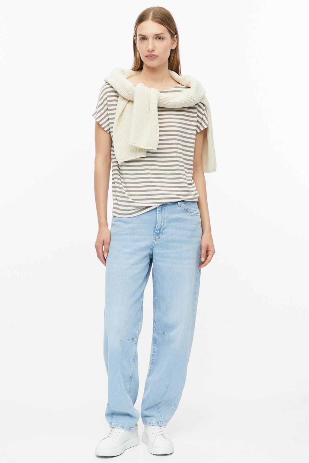 Grijs en ecru dames s.Oliver gestreepte top van viscose met korte mouwen en ronde hals