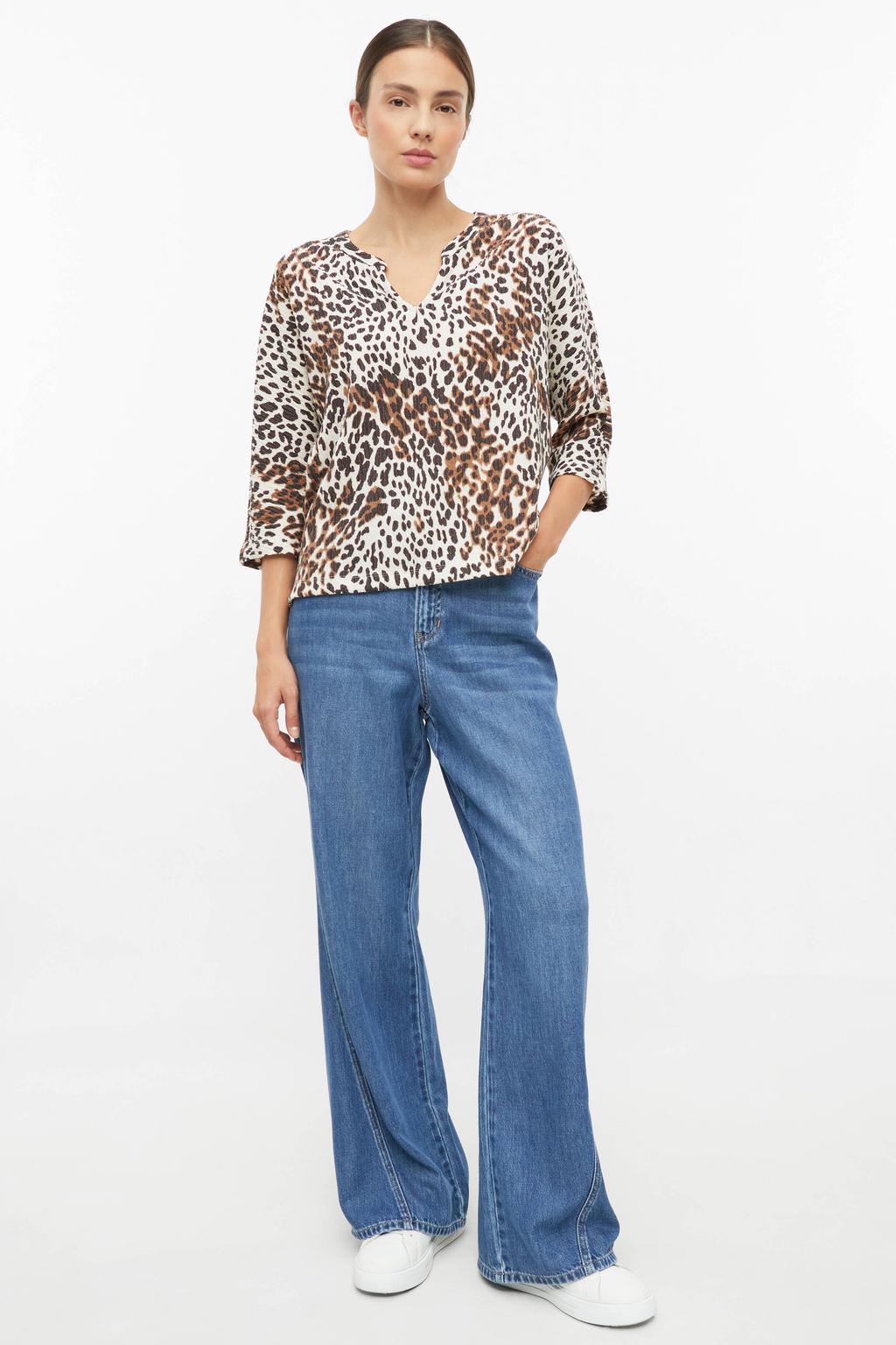 Bruine dames s.Oliver top van polyester met panterprint, driekwart mouwen en V-hals