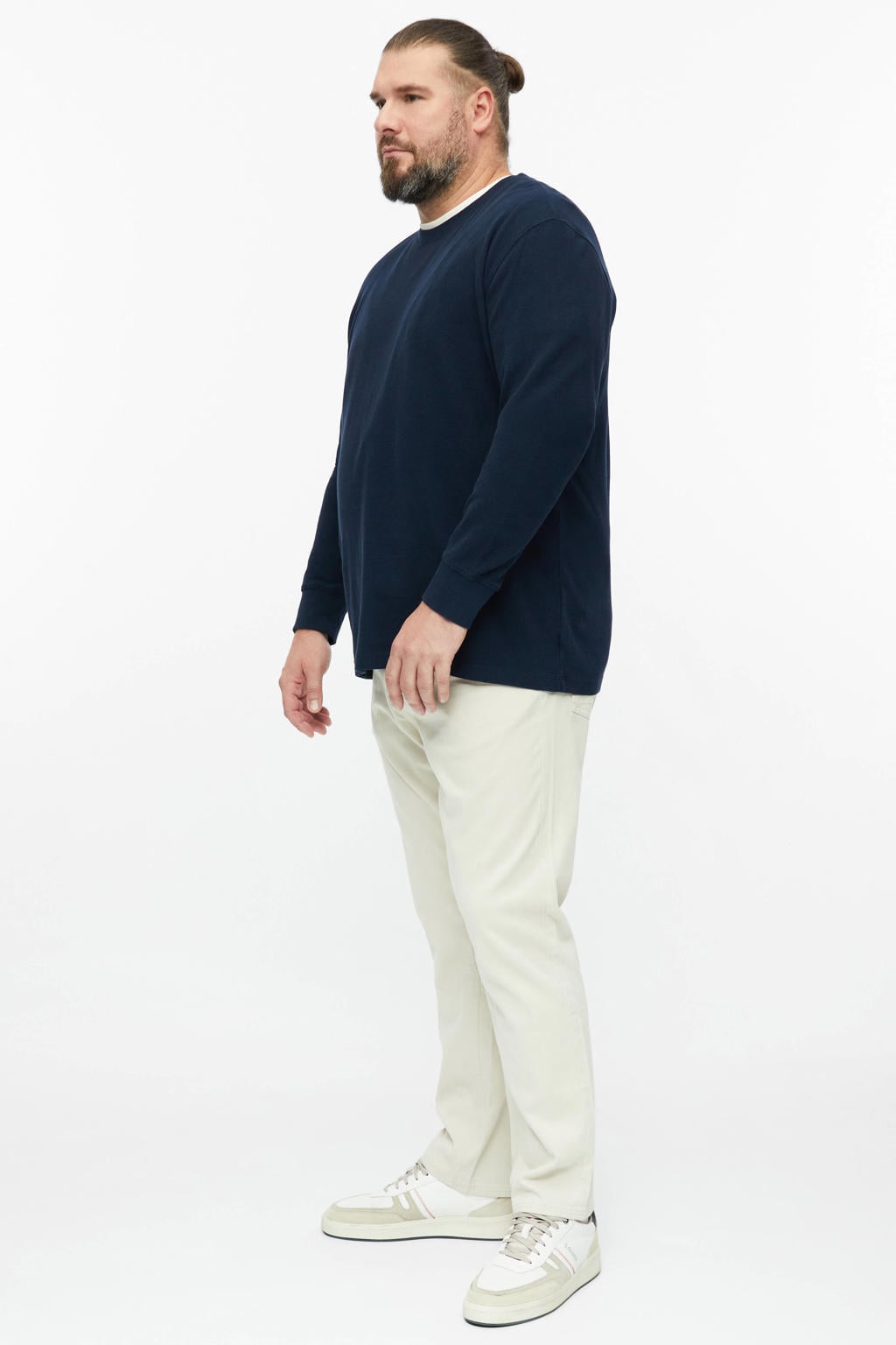 Donkerblauwe heren s.Oliver Big Size regular fit longsleeve zwart van sweat materiaal met effen, lange mouwen, ronde hals en textuur
