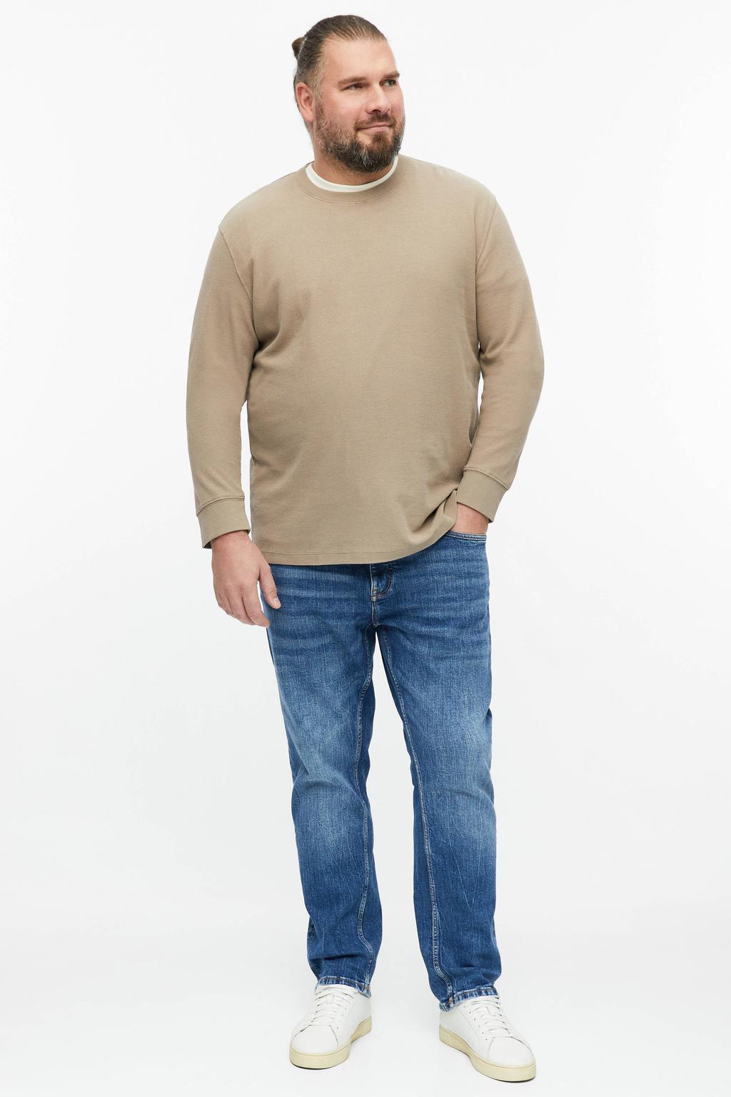 Bruine heren s.Oliver Big Size regular fit longsleeve van sweat materiaal met effen, lange mouwen, ronde hals en textuur