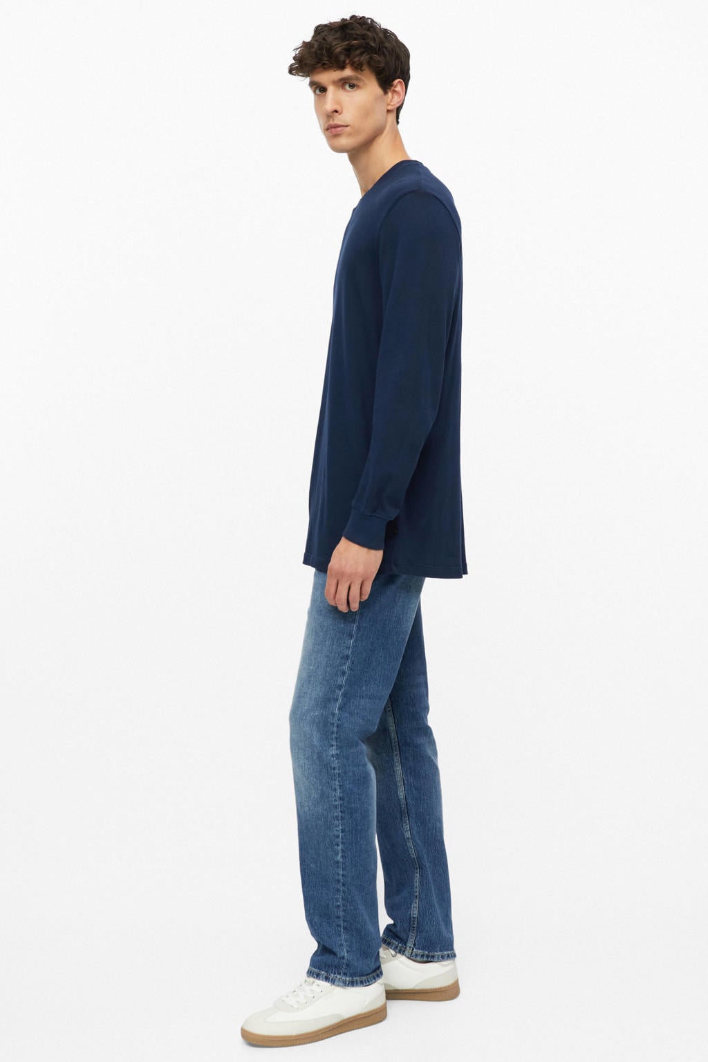 Donkerblauwe heren s.Oliver regular fit longsleeve van katoen met effen, lange mouwen, ronde hals en geribde boorden