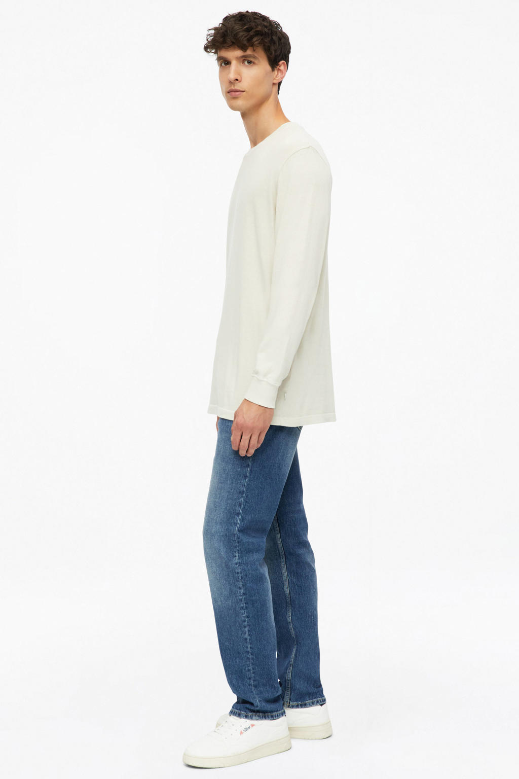 Ecru heren s.Oliver regular fit longsleeve van katoen met effen, lange mouwen, ronde hals en geribde boorden