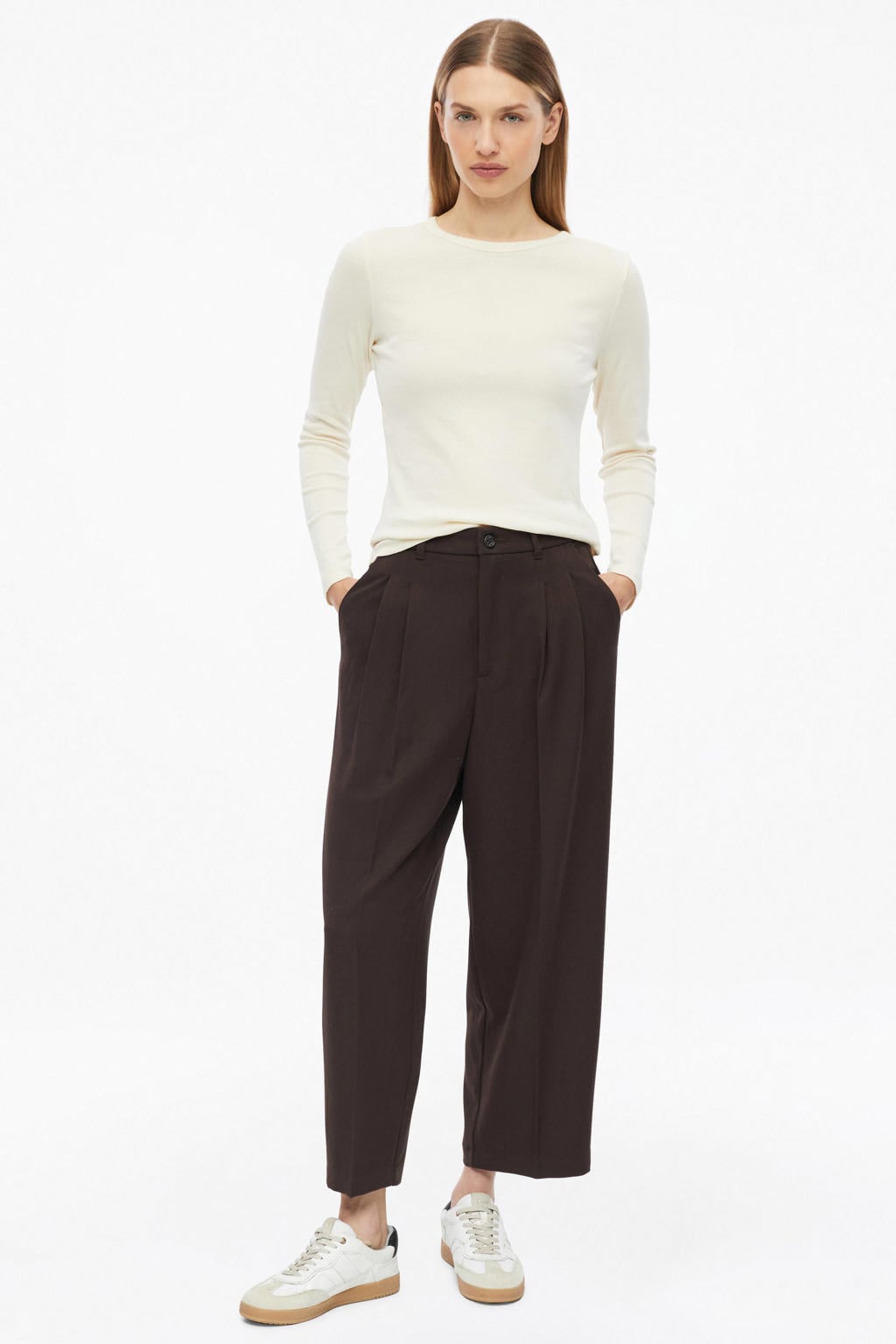 Donkerblauwe dames s.Oliver barrel cropped pantalon van polyester met high waist, rits- en knoopsluiting en effen