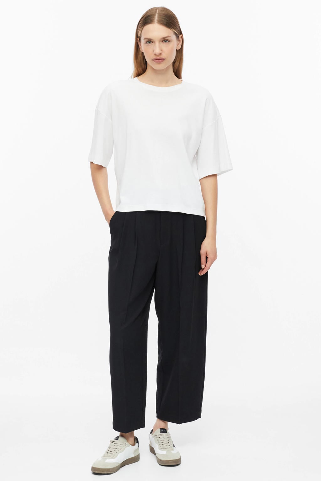 Zwarte dames s.Oliver barrel cropped pantalon van polyester met high waist, rits- en knoopsluiting en effen
